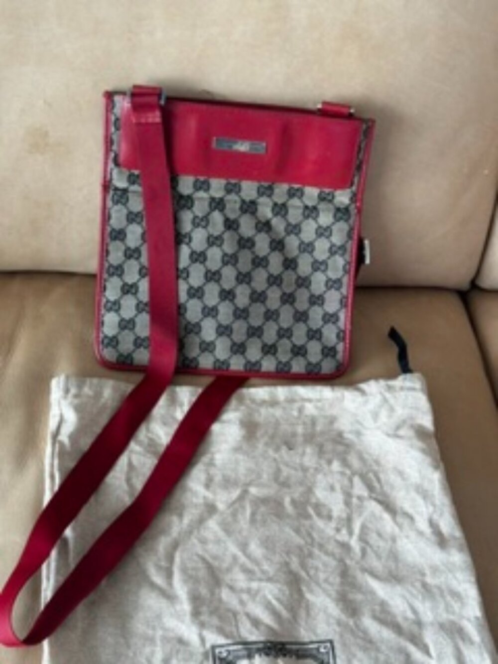 Vintage Gucci Tan and Red Monogram Cross Body Bag